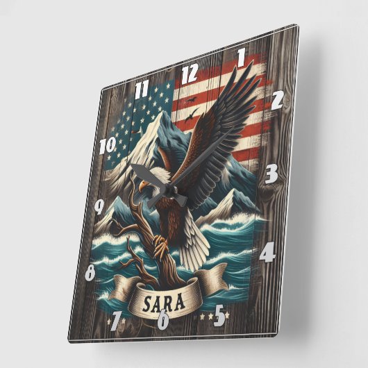 山と旗を持つイーグル スクエア壁時計 (傾斜)
