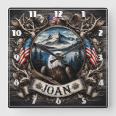 山と旗を持つレガルイーグル スクエア壁時計 (正面)