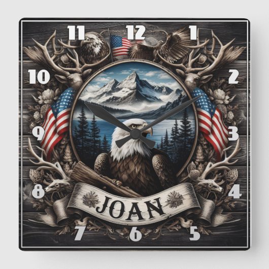 山と旗を持つレガルイーグル スクエア壁時計 (正面)