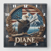山と旗を持つワシ スクエア壁時計 (正面)