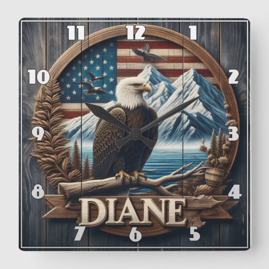山と旗を持つワシ スクエア壁時計 (正面)