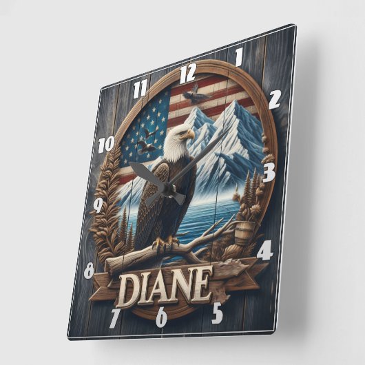 山と旗を持つワシ スクエア壁時計 (傾斜)