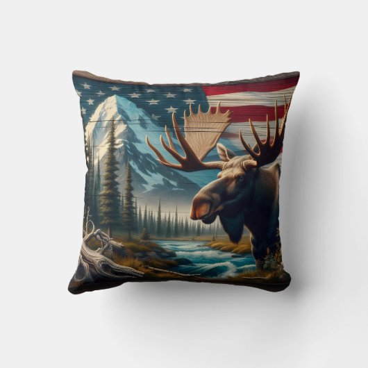 山と旗を持つ川の近くのムース クッション (裏面)