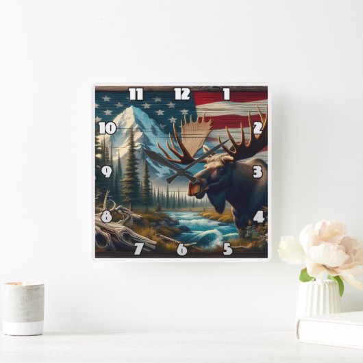 山と旗を持つ川の近くのムース スクエア壁時計 (ホーム)