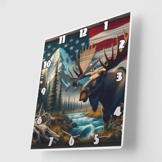 山と旗を持つ川の近くのムース スクエア壁時計 (傾斜)