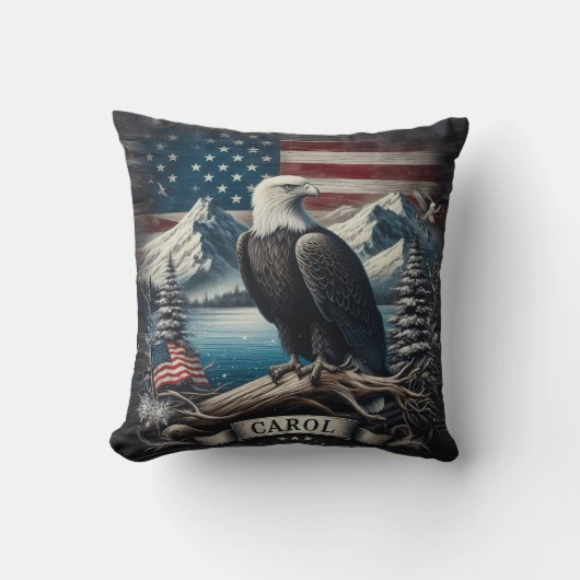 山と旗を持つ枝に止まったワシ クッション (正面)