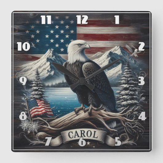 山と旗を持つ枝に止まったワシ スクエア壁時計 (正面)
