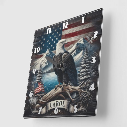 山と旗を持つ枝に止まったワシ スクエア壁時計 (傾斜)