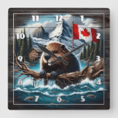 山と旗を持つ湖のカナダビーバーバイレイク スクエア壁時計 (正面)