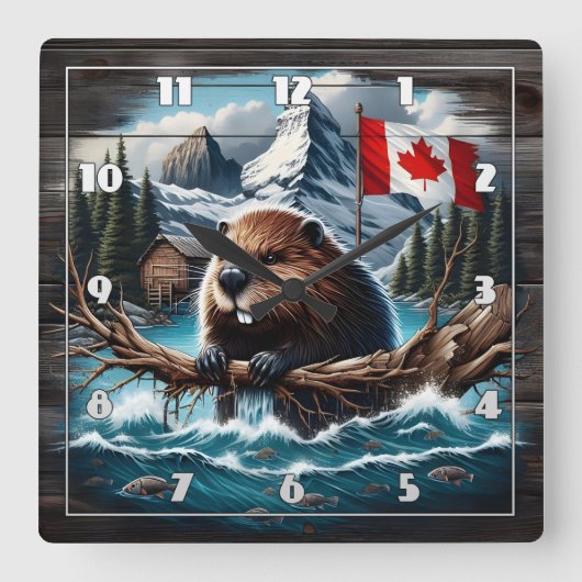 山と旗を持つ湖のカナダビーバーバイレイク スクエア壁時計 (正面)