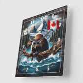 山と旗を持つ湖のカナダビーバーバイレイク スクエア壁時計 (傾斜)