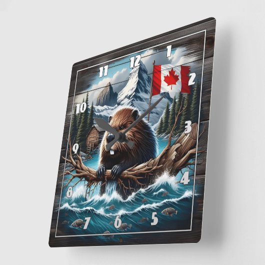 山と旗を持つ湖のカナダビーバーバイレイク スクエア壁時計 (傾斜)