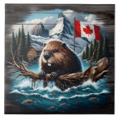 山と旗を持つ湖のカナダビーバーバイレイク タイル (正面)
