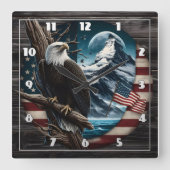 山と旗を連れた枝にハゲのワシ スクエア壁時計 (正面)