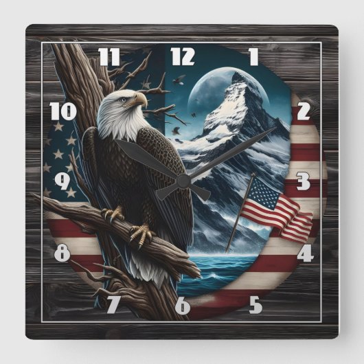 山と旗を連れた枝にハゲのワシ スクエア壁時計 (正面)