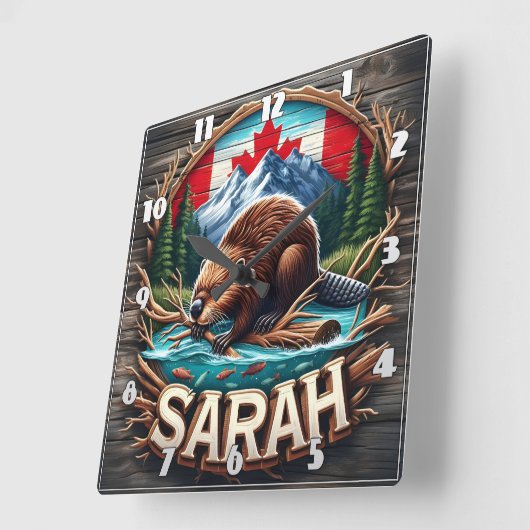 山と木で水に浮かぶカナダビーバー スクエア壁時計 (傾斜)