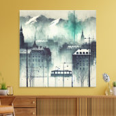 山と木と水彩都市の風景 キャンバスプリント (インサイチュ (リビング))