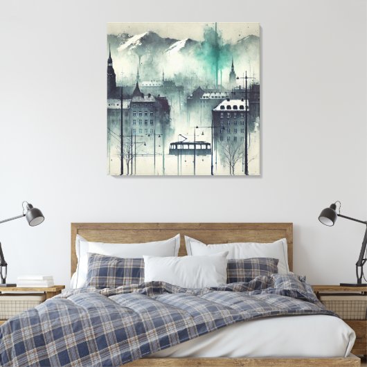 山と木と水彩都市の風景 キャンバスプリント (インサイチュ (寝室))