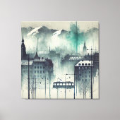 山と木と水彩都市の風景 キャンバスプリント (正面)