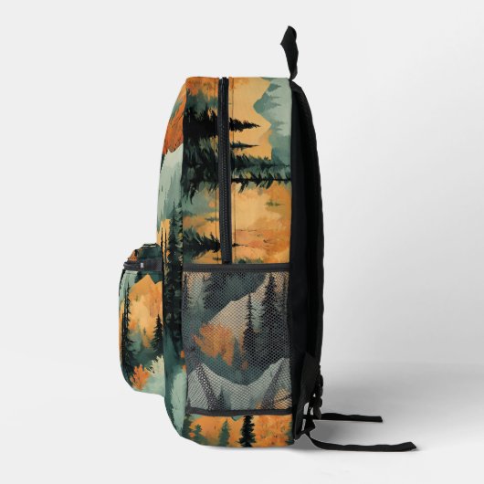 山と木のオレンジと緑のパターン プリントバックパック (右)