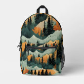 山と木のオレンジと緑のパターン プリントバックパック (正面)