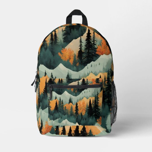 山と木のオレンジと緑のパターン プリントバックパック (正面)