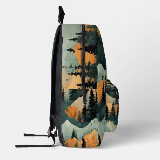 山と木のオレンジと緑のパターン プリントバックパック (左)