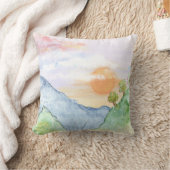 山と木の上の水色の夕日 クッション (ブランケット)