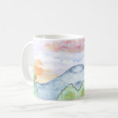 山と木の上の水色の夕日 コーヒーマグカップ (正面左)