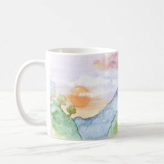 山と木の上の水色の夕日 コーヒーマグカップ (左)