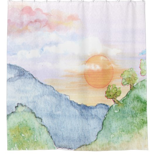 山と木の上の水色の夕日 シャワーカーテン (正面)