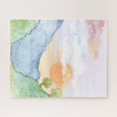 山と木の上の水色の夕日 ジグソーパズル (横)