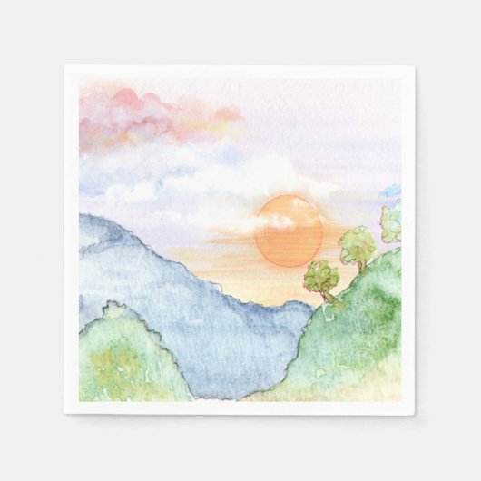 山と木の上の水色の夕日 スタンダードカクテルナプキン (正面)