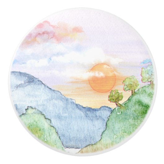 山と木の上の水色の夕日 セラミックノブ (正面)