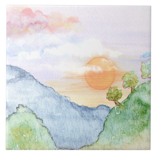 山と木の上の水色の夕日 タイル (正面)