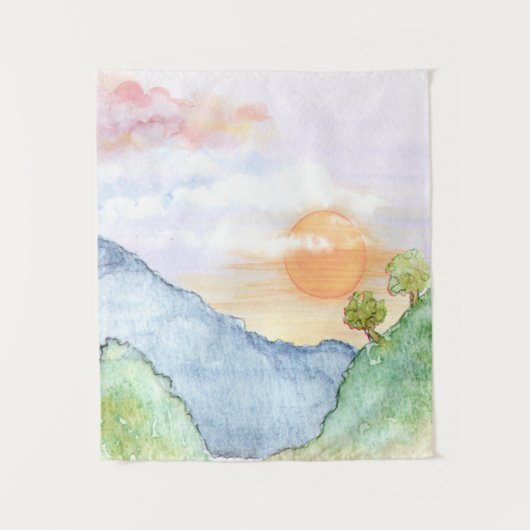 山と木の上の水色の夕日 タペストリー (正面)