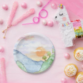 山と木の上の水色の夕日 ペーパープレート (パーティー)