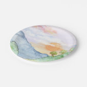 山と木の上の水色の夕日 ペーパープレート (アングル)