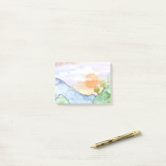 山と木の上の水色の夕日 ポストイット (デスク上)