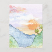 山と木の上の水色の夕日 ポストカード (正面)