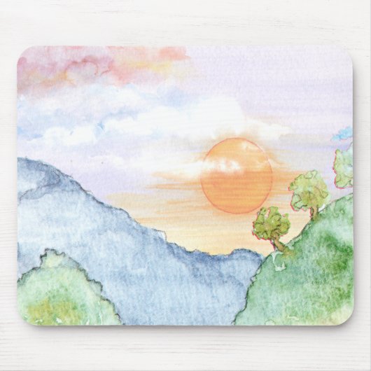 山と木の上の水色の夕日 マウスパッド (正面)