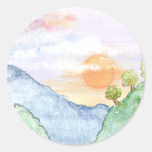 山と木の上の水色の夕日 ラウンドシール (正面)
