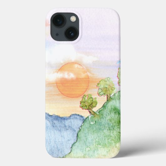 山と木の上の水色の夕日 Case-Mate iPhoneケース (裏面)