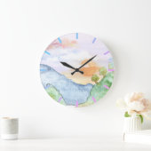 山と木の水彩の夕日 ラージ壁時計 (ホーム)