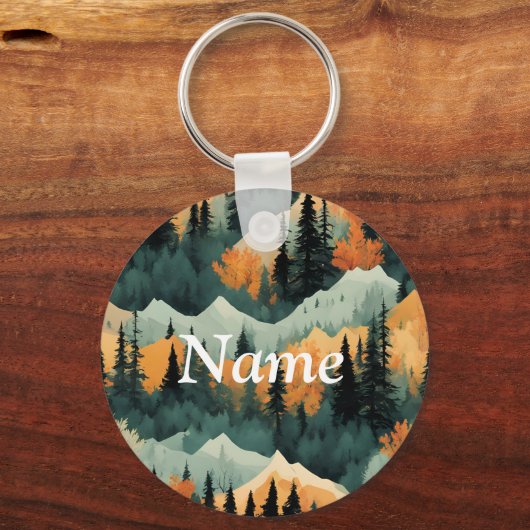 山と木は緑とオレンジ キーホルダー (正面)