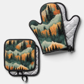 山と木は緑とオレンジ 鍋つかみ&鍋敷きセット (正面/裏面)