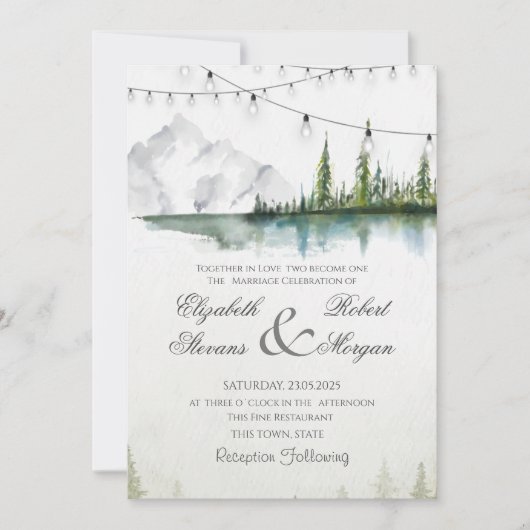 山と森と湖とストリングライトの上品なウェディング 招待状 (正面)
