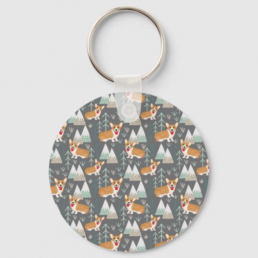 山と森の模様のコーギー キーホルダー (正面)