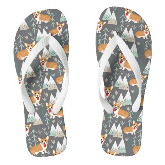 山と森の模様のコーギー ビーチサンダル (フットベッド)