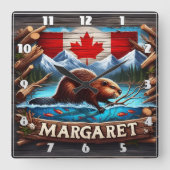 山と森の近くで泳ぐカナディアン・ビーバー スクエア壁時計 (正面)